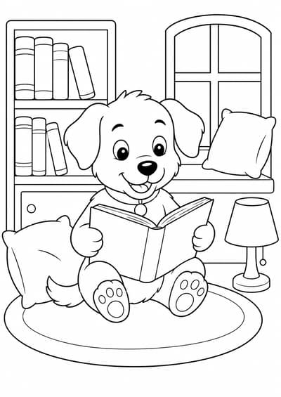 Cute dog reading a book in a library nook printable coloring page for kids ages 6-8