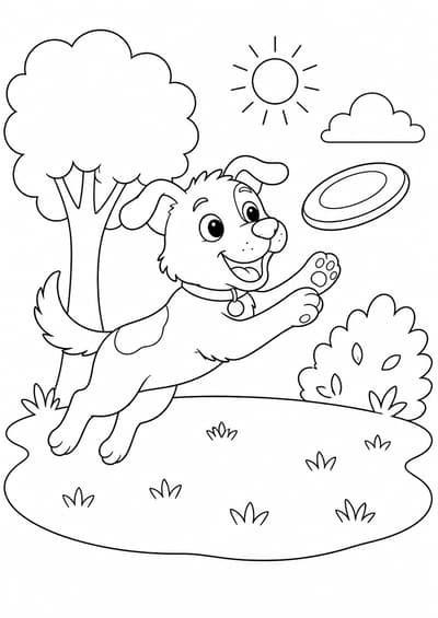 Cute dog playing frisbee at the park printable coloring page for kids ages 6-8