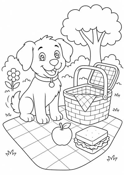Cute dog beside a picnic basket printable coloring page for kids ages 6-8