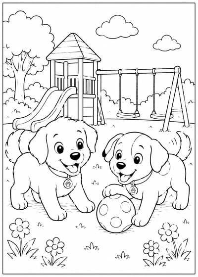 Two cute puppy friends at a playground printable coloring page for kids ages 6-8