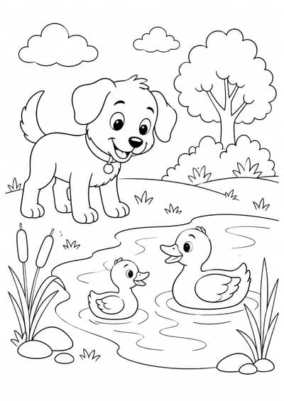 Cute dog watching ducks by a pond printable coloring page for kids ages 6-8