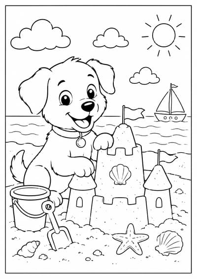 Cute dog wearing rain boots by puddles printable coloring page for kids ages 6-8