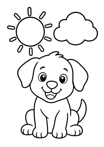 Simple puppy under the sun and cloud printable coloring page for kids ages 3-5