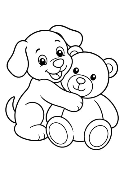 Simple puppy with a teddy bear printable coloring page for kids ages 3-5
