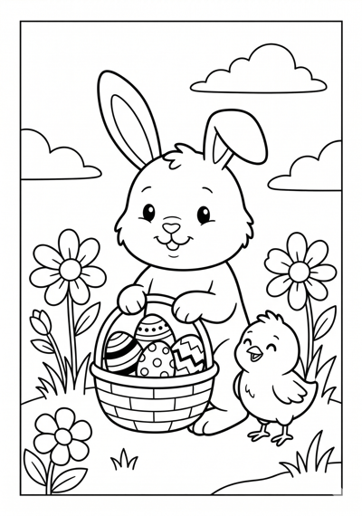 Bunny and chick with eggs Easter coloring page for kids age 6-8