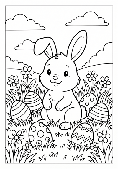 Bunny sitting in grass with decorated eggs Easter coloring page for kids age 6-8