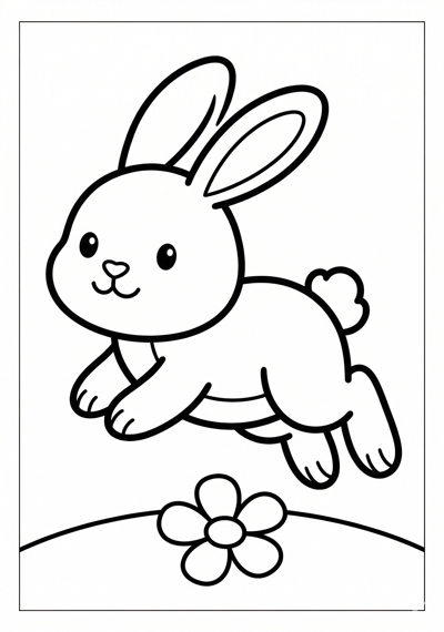 Bunny hopping Easter coloring page for kids age 3-5, simple outlines