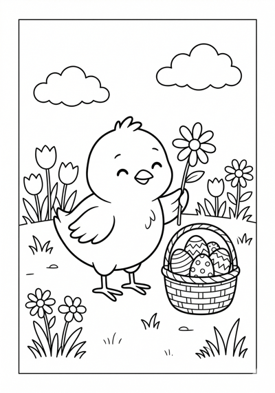 Chick with basket and flowers Easter coloring page for kids age 6-8