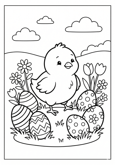Chick with eggs and flowers Easter coloring page for kids age 6-8