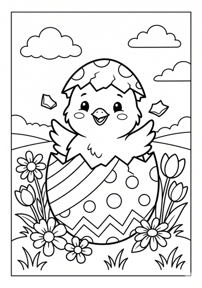 Chick hatching from egg with flowers nearby Easter coloring page for kids age 6-8