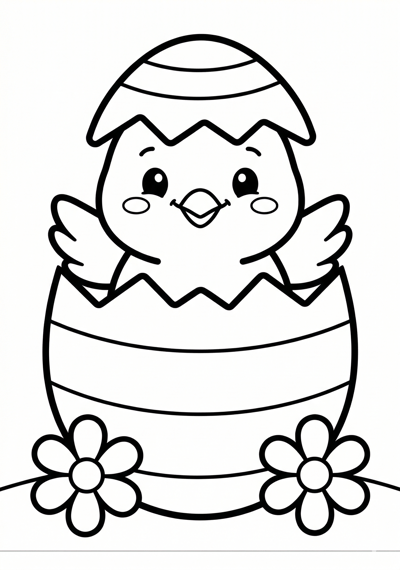 Chick peeking Easter coloring page for kids age 3-5, thick outlines