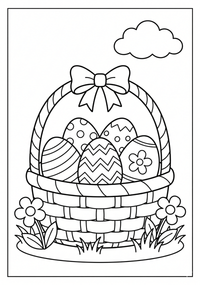 Decorated Easter basket coloring page for kids age 6-8