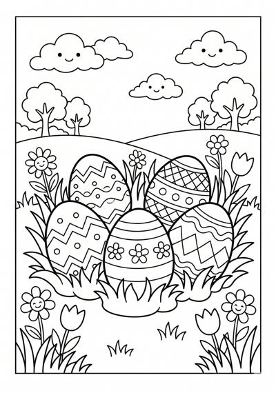 Decorated Easter eggs in grass coloring page for kids age 6-8