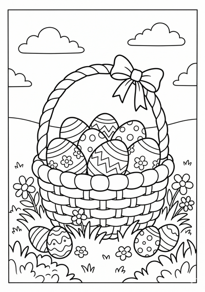 Easter basket with eggs coloring page for kids age 6-8