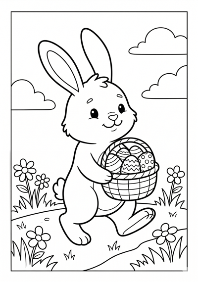 Easter bunny carrying basket of eggs coloring page for kids age 6-8