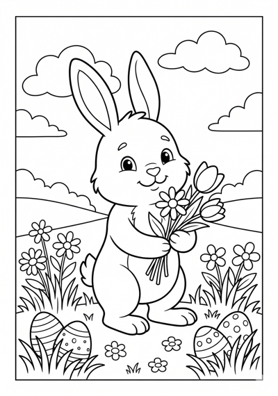 Easter bunny with flowers Easter coloring page for kids age 6-8