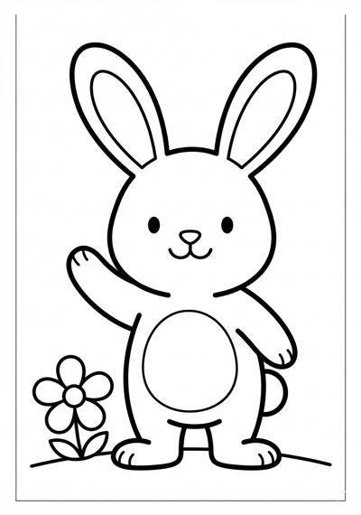 Easter bunny waving coloring page for kids age 3-5, simple outlines