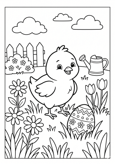 Chick in simple garden Easter coloring page for kids age 6-8