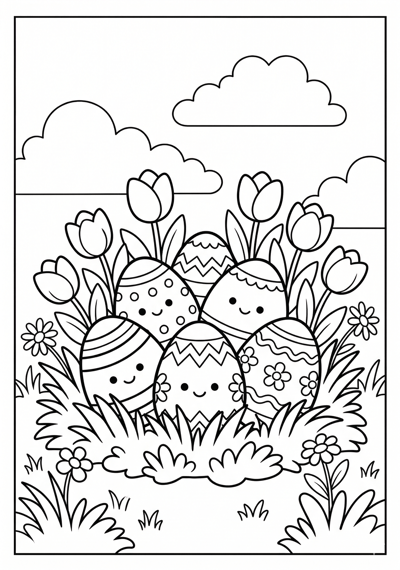 Easter eggs with tulips coloring page for kids age 6-8