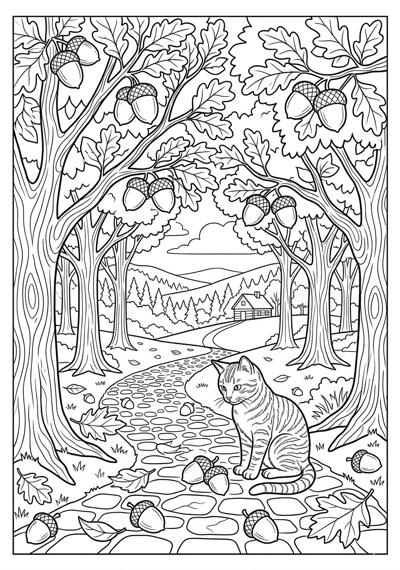 Fall acorn grove path coloring page for kids age 9-10