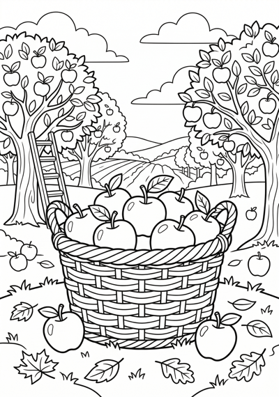 Fall apple orchard basket coloring page for kids age 6-8