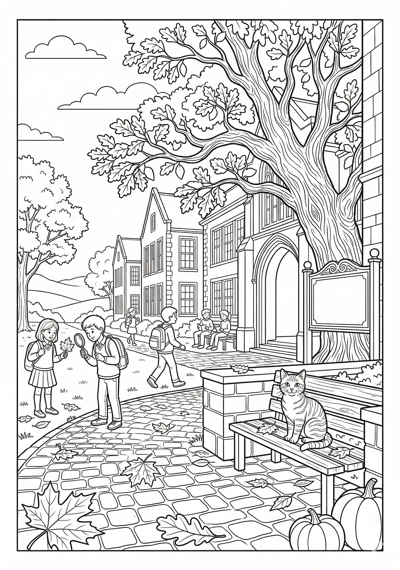 Fall autumn school courtyard coloring page for kids age 9-10