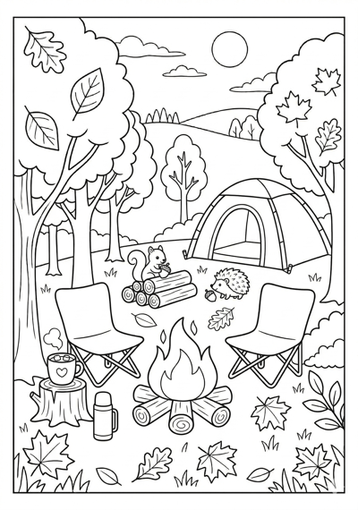 Fall campfire and cocoa coloring page for kids age 6-8