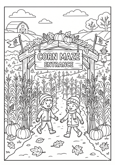 Fall corn maze entrance coloring page for kids age 6-8