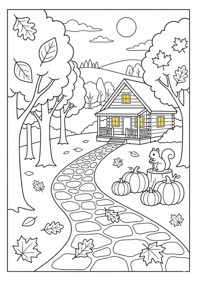 Fall cozy cabin path coloring page for kids age 6-8