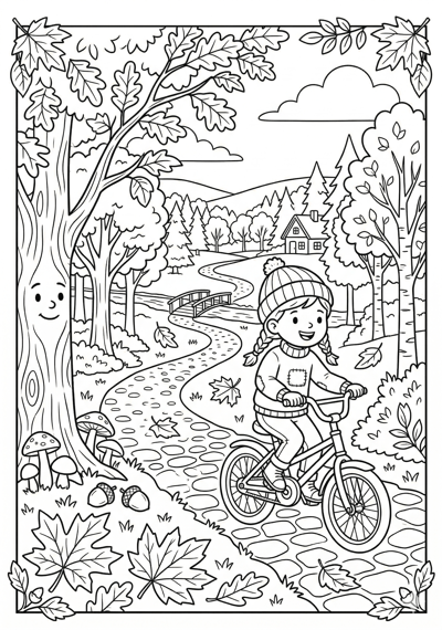 Fall fall bike ride coloring page for kids age 6-8