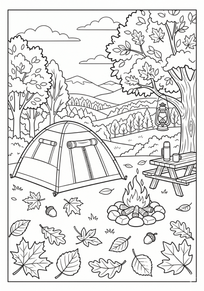 Fall fall campground scene coloring page for kids age 9-10