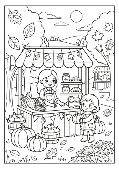 Fall farmer market stall coloring page for kids age 6-8