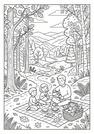 Fall forest picnic spot coloring page for kids age 9-10