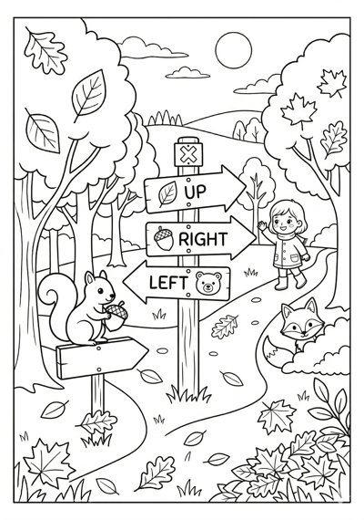 Fall forest trail signs coloring page for kids age 6-8