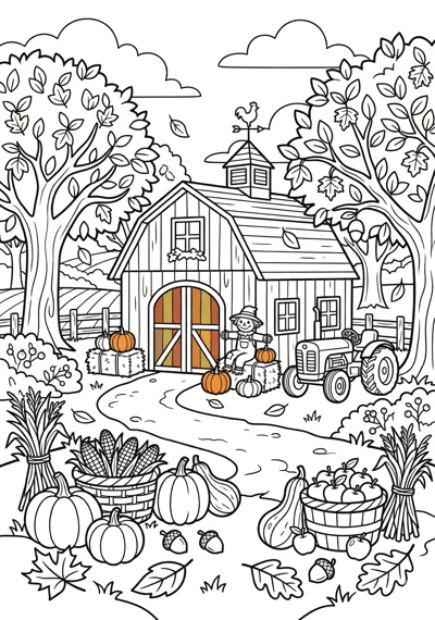Fall harvest barn coloring page for kids age 6-8
