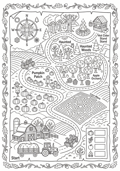 Fall hayride route map coloring page for kids age 9-10
