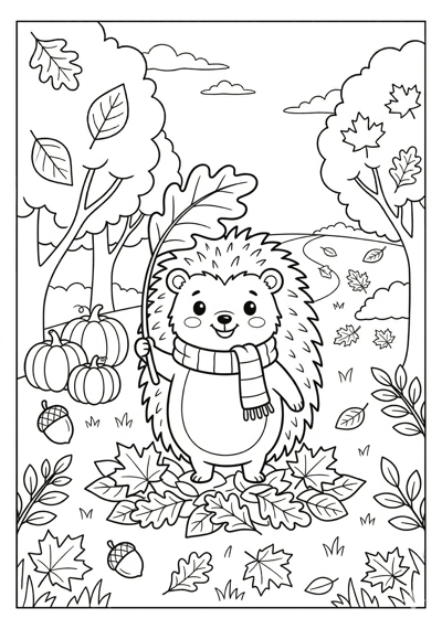 Fall hedgehog by leaves coloring page for kids age 6-8