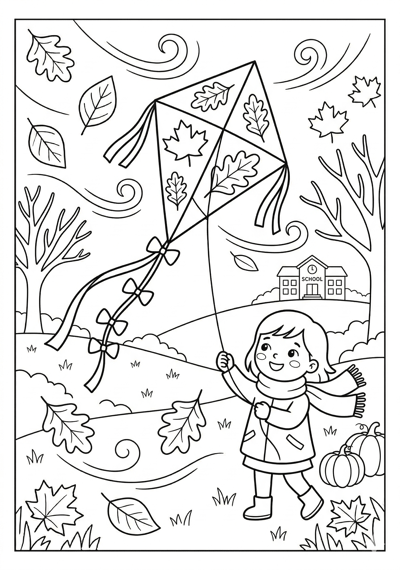 Fall kite in fall wind coloring page for kids age 6-8