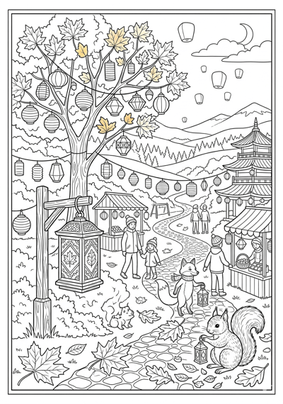 Fall lantern festival in fall coloring page for kids age 9-10