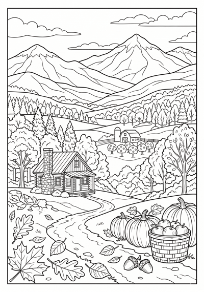Fall mountain autumn valley coloring page for kids age 9-10