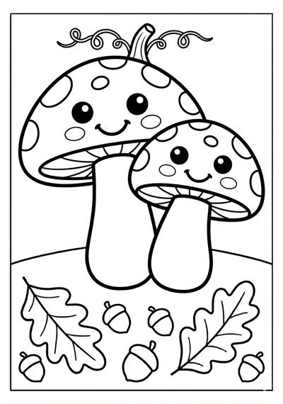 Fall mushroom pair coloring page for kids age 3-5
