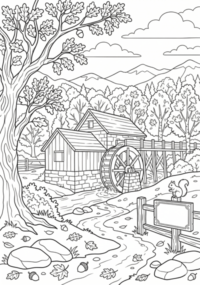 Fall old mill in fall coloring page for kids age 9-10