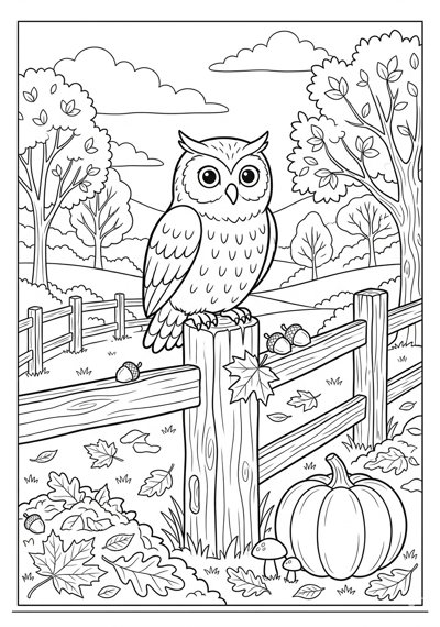 Fall owl on fence coloring page for kids age 6-8
