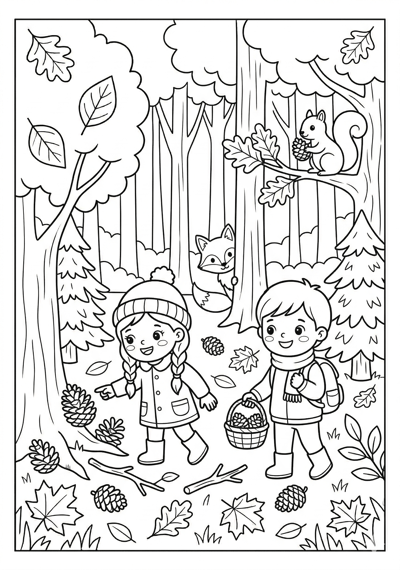 Fall pinecone treasure hunt coloring page for kids age 6-8