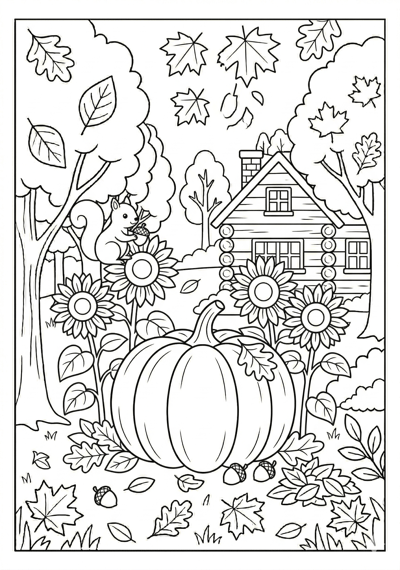 Fall pumpkin and sunflowers coloring page for kids age 6-8