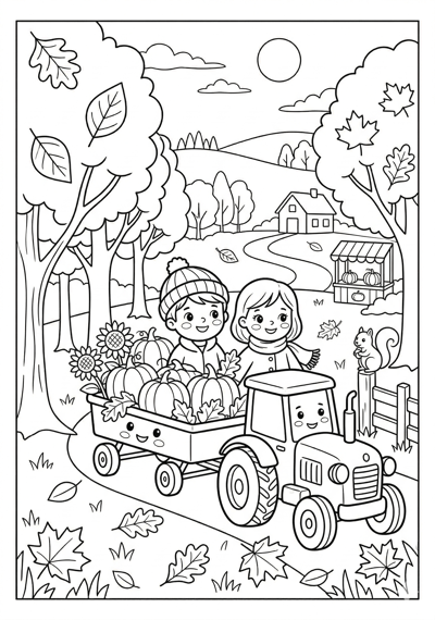 Fall pumpkin wagon ride coloring page for kids age 6-8