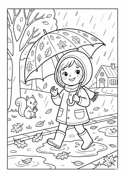 Fall rainy autumn umbrella coloring page for kids age 6-8