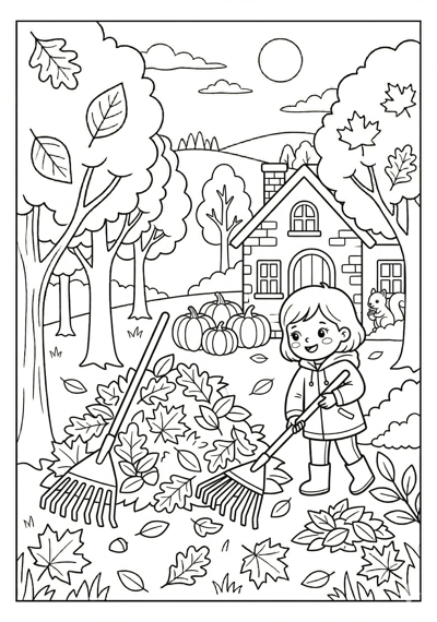 Fall rake and leaf pile coloring page for kids age 6-8