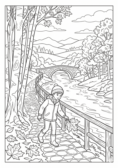 Fall riverside fall walk coloring page for kids age 9-10