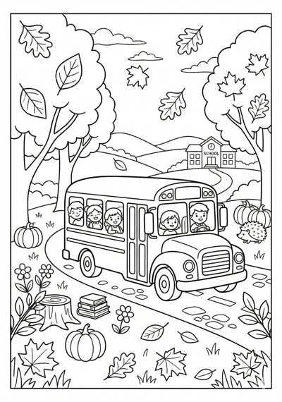 Fall school bus in autumn coloring page for kids age 6-8